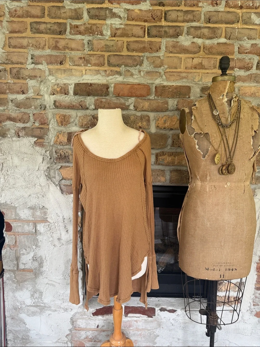 Free People Off-the-Shoulder Waffle Knit Sweater in Camel